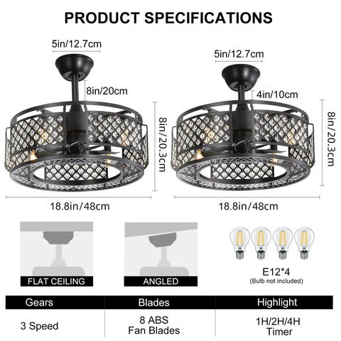 Crystal Ceiling Fan With Lights And Bluetooth Speaker Eighteen Point Eight Inches Dope Enclosed Bladeless Fandelier, two mounting options.