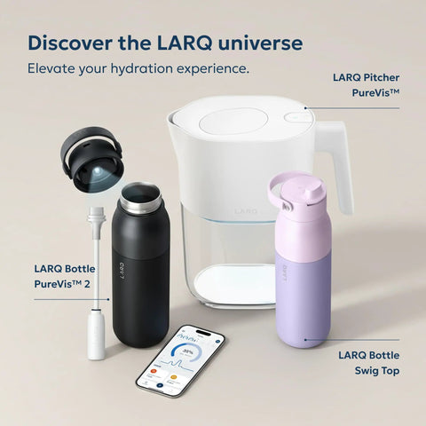 LARQ Pitcher PureVis next to LARQ bottles with phone and filter, showcasing hydration products.