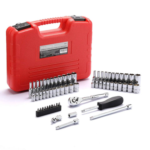 62-Piece One Quarter-Inch Drive Socket Set With Ratchets Universal Joint Extensions And Bits SAE And Metric Six-Point Sockets