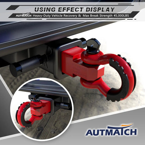 Heavy Duty 2 Inch Shackle Hitch Receiver Kit With Three Quarter Inch D Ring Shackle And Five Eighth Inch Trailer Hitch Lock Pin 45,000 Lbs Break Strength For Off Road Recovery Anti Theft Lock Red displayed on vehicle hitch