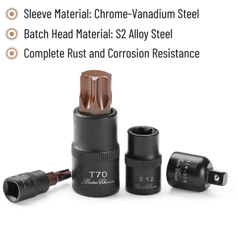 Pro Grade Torx Bit Socket Set And E Torx Socket Set, 31 Pieces, Cr-V Steel, T8 To T70 And E4 To E24 adapters shown
