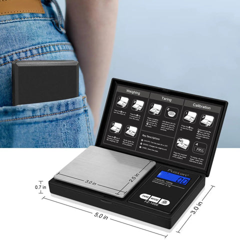 Pocket Digital Gram Scale On The Go 1000G 0.1G With 6 Unit Modes open, stainless steel platform next to a pocket
