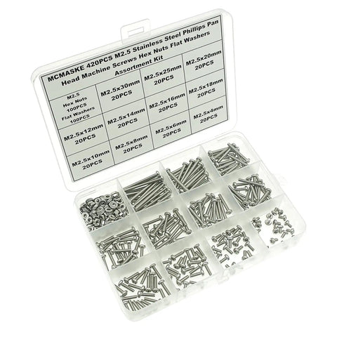 M2.5 Phillips Pan Head Machine Screws Nuts Flat Washers Kit in 304 Stainless Steel 420Pcs Set with assorted compartments