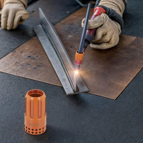 Premium Swirl Ring Consumables Kit For 220994 Plasma Cutter in use with retaining cap during metal cutting operation.
