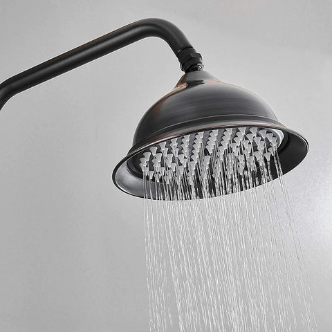Close-up of large rainfall shower head from Modern Wall Mounted Shower System With Large Rainfall Shower Head And Ergonomic Handheld Sprayer Matte Black Bathroom Faucet Set.