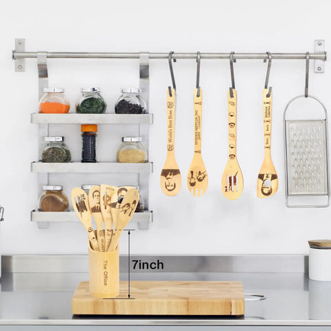TV Show Themed Wooden Spoons Set With Holder, 6 Piece Kitchen Utensils for Cooking And Serving, displayed on a kitchen counter
