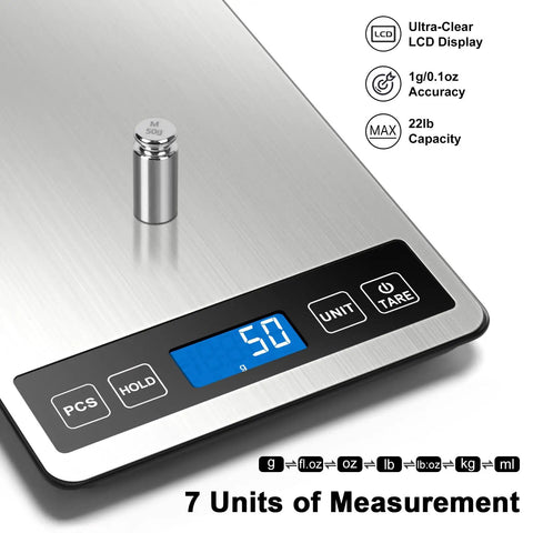 Food Scale For Real Kitchen Pros With 22 Pound Capacity, 0.1 Ounce And 1 Gram Increments, Seven Units, LCD and tare buttons