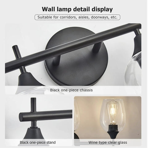 Modern Black Industrial Three Light Vanity Light With Wine Glass Shades, showing black chassis, clear glass shade detail.