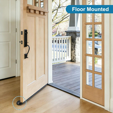 No Fuss Floor Door Stops Adhesive Backed Stainless Steel Black Wall Protectors Rubber Bumper No Drill Setup Heavy Duty Door Blockers in home entrance.