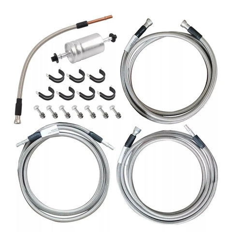Straight Shot Stainless Steel Braided Fuel Line Quick Fix Kit For 1999 To 2003 Chevy Silverado GMC Sierra V8 includes hoses and filter.