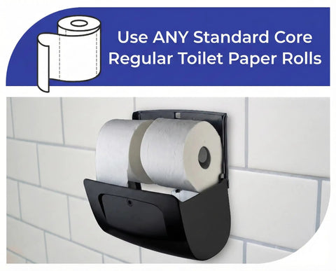 Two Roll Wall Mount Toilet Paper Dispenser With Locking Cover For Home Or Office Use, Black Dual Roll Holder Installed