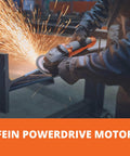 Badass Compact Corded Angle Grinder Featuring Powerdrive Motor Sealed Against Aggressive Dust Soft Start And Restart Function For Ceramic Mineral Cutting Built Like A Tank in use with sparks flying.