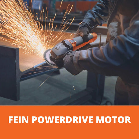 Badass Compact Corded Angle Grinder Featuring Powerdrive Motor Sealed Against Aggressive Dust Soft Start And Restart Function For Ceramic Mineral Cutting Built Like A Tank in use with sparks flying.