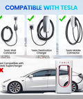 Image showing compatibility of the Straight Up Tesla NACS To J1772 EV Charging Adapter with Tesla wall and destination chargers.