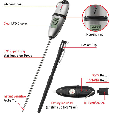 Digital Food Thermometer For Cooking And Baking With A Long 5.3 Inch Probe, Fast One Second Read, Ultra Accurate About 0.9 Fahrenheit, Pro Grade Tool shown with features highlighted