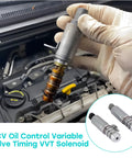 Close-up of VVT Intake And Exhaust Camshaft Position Actuator Solenoid Valve Pair For Chevy HHR Cobalt Equinox engine installation.