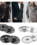 Black and silver 21mm metal sew on snaps shown with clothing for 20 Sets Of 21mm Snap Buttons For Fabric And Clothes Metal Sew On Snaps Heavy Duty Snap Fasteners For Sewing Jackets Shirts DIY Crafts In Black And Silver Kit