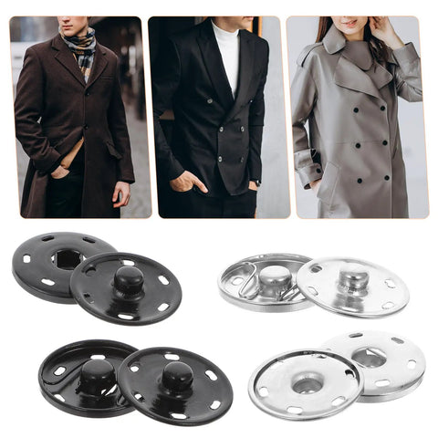 Black and silver 21mm metal sew on snaps shown with clothing for 20 Sets Of 21mm Snap Buttons For Fabric And Clothes Metal Sew On Snaps Heavy Duty Snap Fasteners For Sewing Jackets Shirts DIY Crafts In Black And Silver Kit