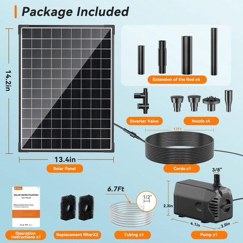 25W Solar Fountain Pump For Ponds With Filtration And Dry Run Protection, 410GPH Submersible Solar Pond Pump package contents