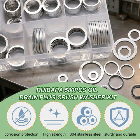 580 Piece Aluminum Oil Drain Plug Crush Washer Kit With 18 Sizes From M6 To M24, Durable Gasket Assortment For Cars And Bikes