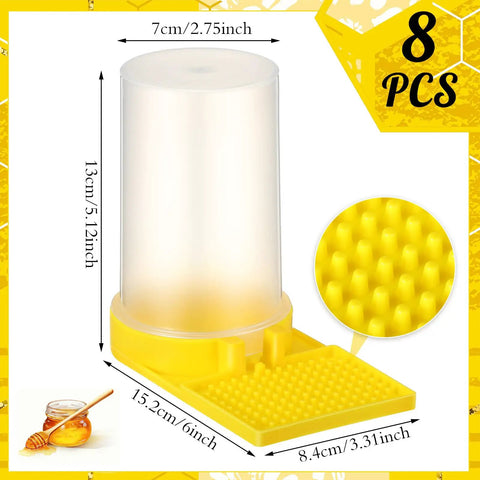 8 Pack Bee Water Feeders For Beehives, transparent plastic with yellow pad, 13cm tall, 7cm diameter, for outdoor gardens