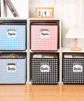 Storage bins labeled 'Books' and 'Magazines' with Erasable Label Holders Kit With 20 White PVC Bin Clips And 2 Chalk Markers