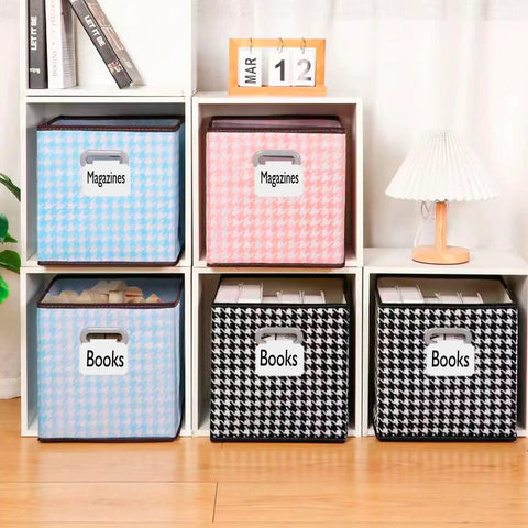 Storage bins labeled 'Books' and 'Magazines' with Erasable Label Holders Kit With 20 White PVC Bin Clips And 2 Chalk Markers