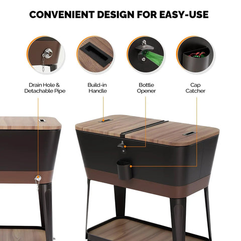 Close-up of 80 Quart Rolling Patio Cooler Cart with blackboard, built-in bottle opener, drainage system, and extra storage cabinet
