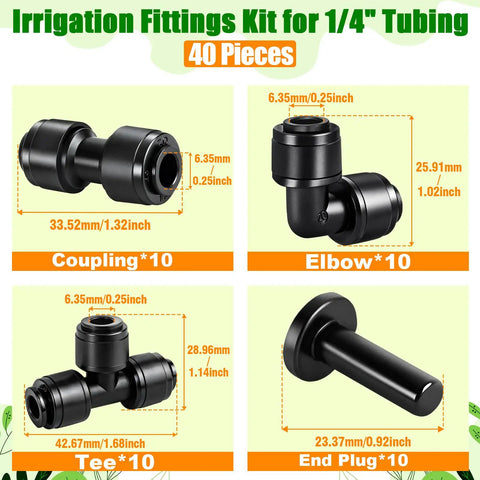 Irrigation Fittings Kit for 1/4" Tubing - Coupling, Elbow, Tee, End Plug; 40-Piece Kit with Push-To-Fit Connectors