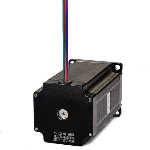 Nema 23 stepper motor, black aluminum housing, 100mm length, 8mm shaft, red/green/blue wires