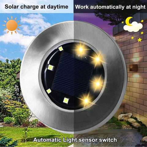 Sun Powered 8 LED Solar Ground Lights Waterproof For Outdoor Pathway And Garden shown with day and night modes, automatic sensor.