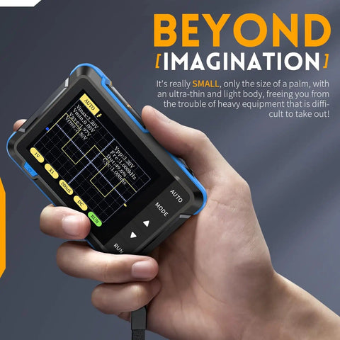 Hand holding Pocket Automotive Oscilloscope And Multimeter With One Button Auto Calibration DSO152 2.8 Inch TFT Kit