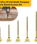 215 Piece Multi Purpose Wood Deck Screw Kit With Bugle Head Torx Star Drive Golden Coated Includes T25 Bit shown in sizes #9 and #10