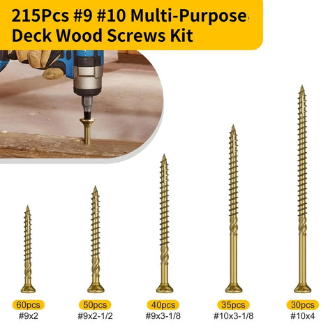 215 Piece Multi Purpose Wood Deck Screw Kit With Bugle Head Torx Star Drive Golden Coated Includes T25 Bit shown in sizes #9 and #10