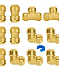 Push Pex Fittings Three Quarters Inch Set Featuring Five Couplings Elbows And Tee With Disconnect Clip Brass Push To Connect
