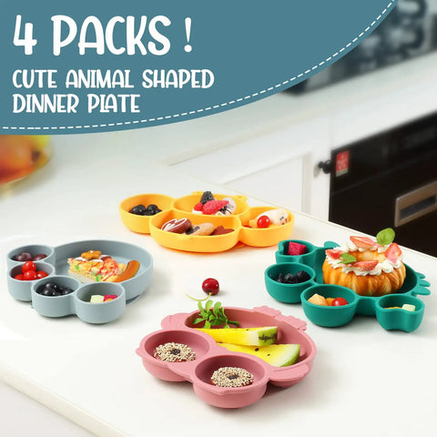Hecka Adorable 4 Piece Silicone Toddler Suction Plate Set With Mega Grip Base Divided Animal Dishes For Babies on a kitchen counter.