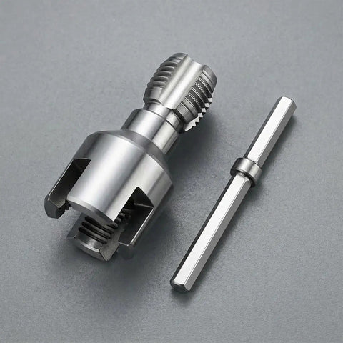 Close-up of Badass 4 In 1 Pipe Threader Wrench Heavy Duty for Internal and External Threading tool with steel body, threaded part and handle.