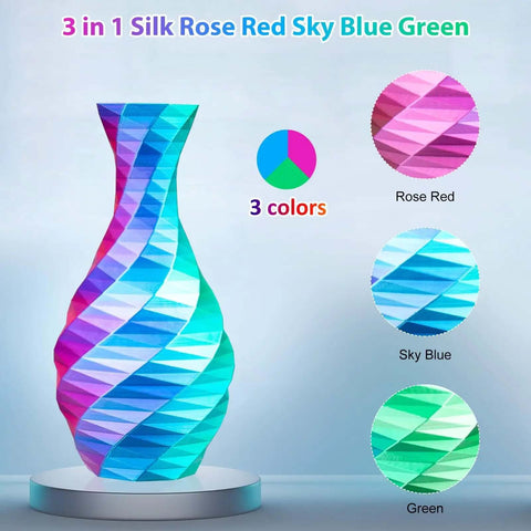 Tri Color Silk PLA Filament For 1.75Mm FDM Printers 250G Spool Coextruded With Rose Red Sky Blue Green Hues Silk Finish Vase Print