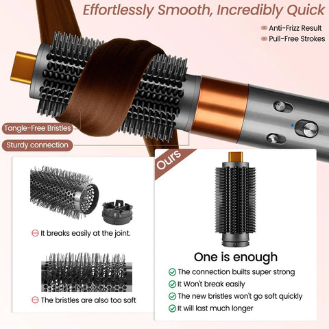 Upgraded Round Brush Attachment for Dyson Airwrap HS01 05 08 volumizing brush demonstrating smooth curl styling gold.