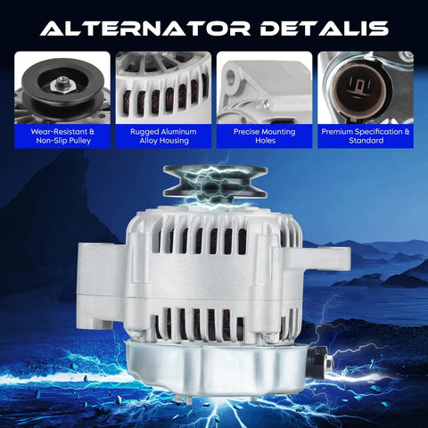 Alternator Replacement 12V 60A CW Drop-In Fit 2.4L 1985-1991 Pickup, 4Runner, Celica with rugged aluminum housing.