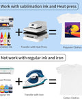 Infographic showing 11x17 Sublimation Paper Pack, 120 Sheets for transfers on polyester with heat press vs. regular printer and iron on cotton.