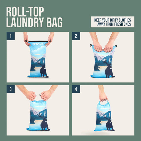 Steps to use the roll-top laundry bag from Slick Ultra Lightweight Compression Packing Cubes 7 Piece Set For Travel Luggage Organizers Expandable Bags For Checked Luggage Make Your Suitcase Up To Thirty Percent More Spacious National Parks Edition