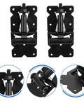 Heavy Duty Gate Hinges 2 Pack For Wooden Fences And Barn Doors Self Closing Outdoor Gate Hardware, close-up on black hinges.