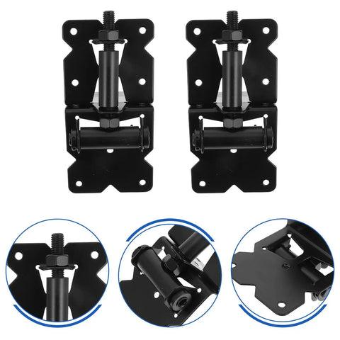 Heavy Duty Gate Hinges 2 Pack For Wooden Fences And Barn Doors Self Closing Outdoor Gate Hardware, close-up on black hinges.