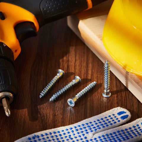 100 Pack 7mm By 50mm Confirmat Screws For Wood Cabinets And DIY Projects shown with drill and safety gear