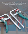 Close-up of ratchet electric circular saw track clamps showing steel build and teal handle design.