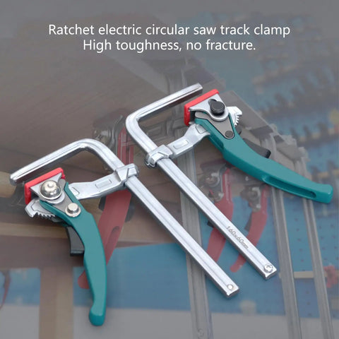 Close-up of ratchet electric circular saw track clamps showing steel build and teal handle design.