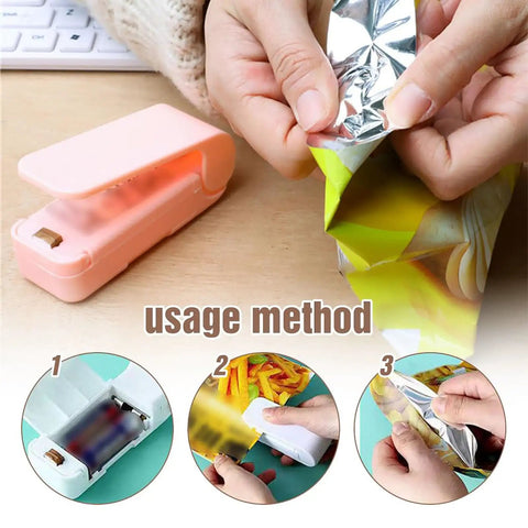 Slick Handheld Mini Bag Sealer And Quick Cutter Portable Heat Resealer Machine For Food Storage and Snack Packing in use.