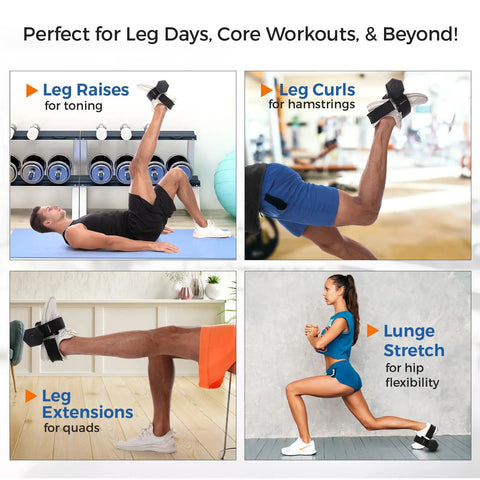Monkey Foot Dumbbell Attachment For Glute Kickbacks And Leg Workouts with illustrations of different exercises at home