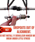 Misaligned dropouts warning for Derailleur Hanger 6 For Remedy Bicycles Aluminum Alloy MTB Replacement Includes M8 Chainring Bolt Mounting Hardware Lightweight Durable Upgrade With Precise Rear Dropout Alignment Check